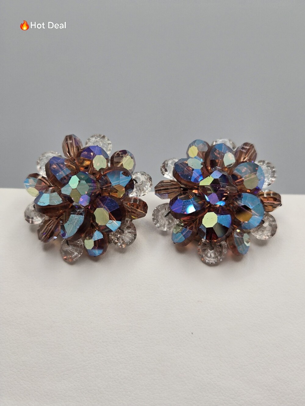 Vintage Aurora Borealis Crystal Cluster Clip-On Earrings AB Starburst 1"